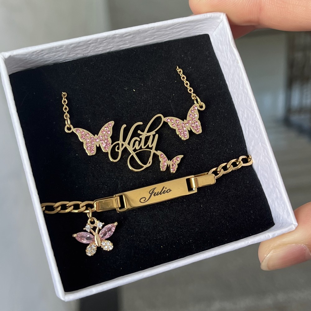 Engraved Name Necklace - Duoying Custom Roze Vlinder Set Gepersonileerde