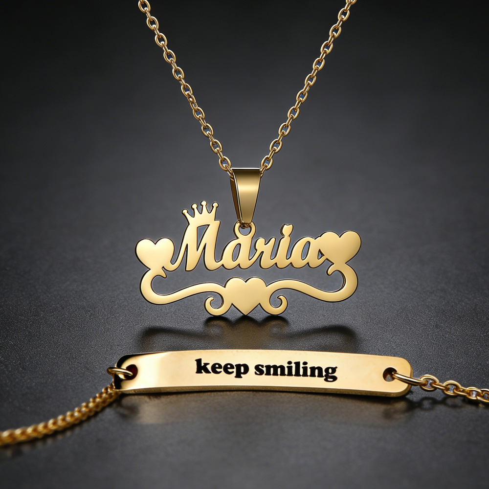 Engraved Name Necklace - Gepersonaliseerde aangepaste naam hart ketting armband